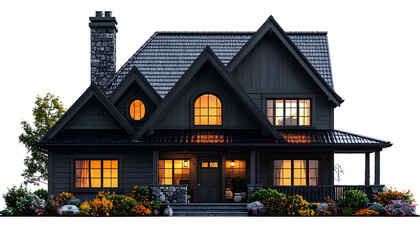 Cozy two-story home, illuminated windows against a dark exterior, surrounded by flowers