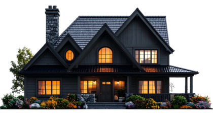 Cozy two-story home, illuminated windows against a dark exterior, surrounded by flowers