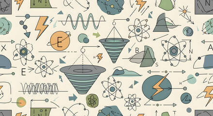 Detailed seamless pattern showcasing a collection of hand-drawn scientific illustrations, including atoms, energy, waves, and cosmic elements.
