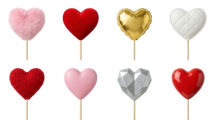 Heart shape collection set including fur, velvet, foil, leather, knit, plastic, and faceted textures isolated. Romantic decorative element variety for valentine celebration.