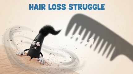 Hair loss struggle concept 3D illustration of a cute cartoon hair follicle character holding onto the scalp against strong wind, scared of falling out. Alopecia and hair care metaphor.