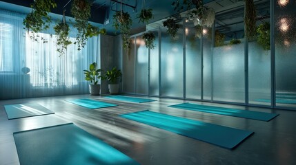 Tranquil yoga space surrounded by frosted glass partitions turquoise mat arrangement on a slate grey polished floor side-lit