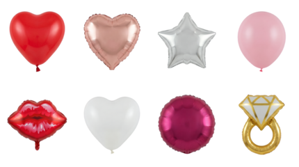 Balloon decoration set including heart, star, round, lips, and ring shapes isolated. Party and celebration supplies collection.