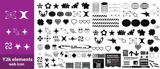 Set with different Y2k elements for design.Trendy geometric brutalism forms, memphis elements. Simple shapes forms, symbols and frames y2k style