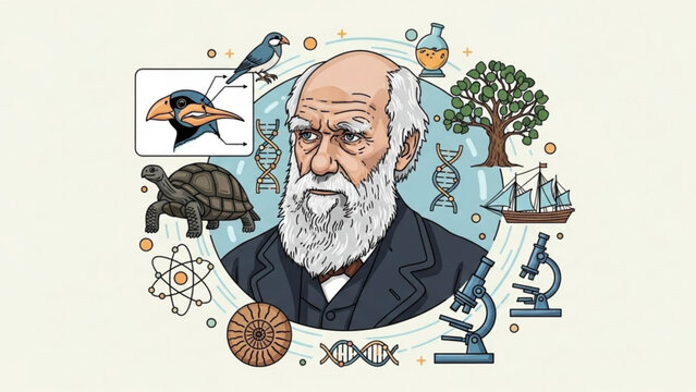 Charles Darwin portrait surrounded by symbols of evolution science and nature vector illustration for educational and historical concepts