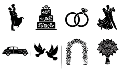 Wedding icon set including couple, cake, rings, dancers, car, doves, arch, and bouquet isolated. Marriage ceremony and celebration symbols.