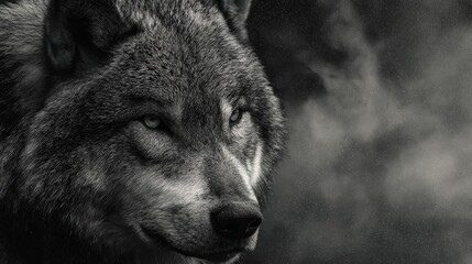 Detailed close-up portrait of a grey wolf's head with piercing eyes and thick fur against a dark, textured background