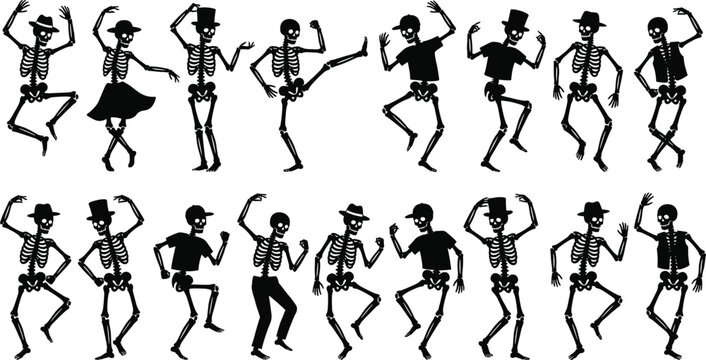 Set of vector black silhouettes of funny dancing skeletons wearing hats and clothes isolated on white background for Halloween