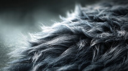 Detailed macro view of dark charcoal wolf fur texture with hints of silver and white