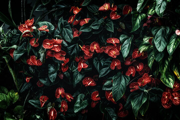 Dark floral background with red anthurium flowers and glossy green leaves forming a dense tropical wall. Strong visual for interior design, luxury botanical themes.
