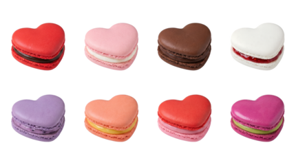 Heart shaped macaron set including strawberry, chocolate, vanilla, lavender, and citrus flavors isolated. Gourmet french dessert collection for Valentine's Day.