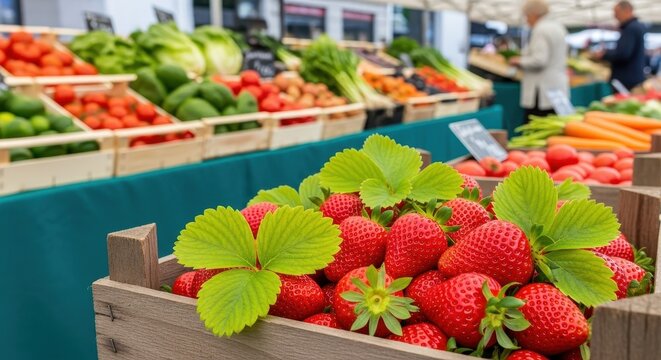 Abundant fresh strawberries displayed in a wooden crate at a vibrant local farmers market stall, inviting shoppers to experience the season's freshest produce. - Powered by Adobe