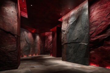 Volcanic rock-inspired room with deep reds and smoky gray slab stone flooring ambient light giving rich shadow gradients