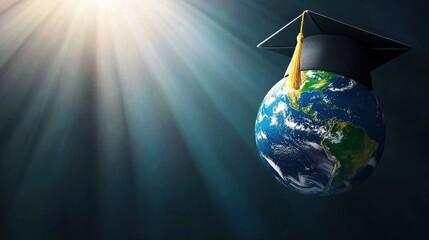 Symbolic image representing global education achievement with a graduation cap resting upon the planet Earth illuminated by bright divine light