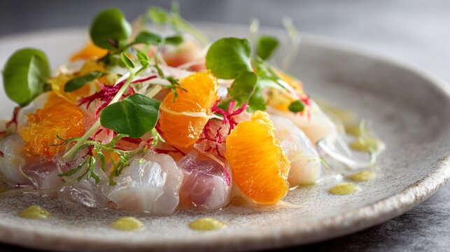 Peruvian ceviche plated with precision, translucent citrus cure, neutral stone surface, refined coastal restaurant mood