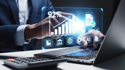 Professional businessman interacting with AI-powered digital dashboard and analytics software to track financial performance, calculate growth, and optimize business strategy for future success and... - Powered by Adobe