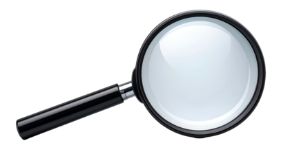 A shiny magnifying glass with a black handle, against a solid black background