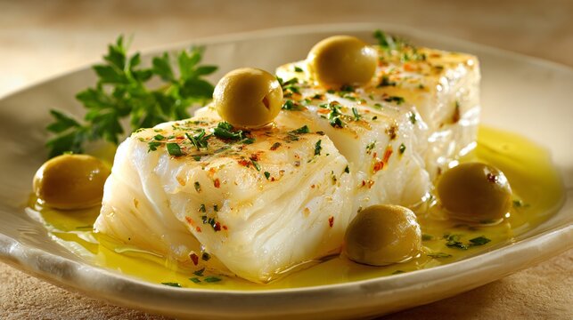 Portuguese bacalhau main with restrained olive oil sheen, warm beige background
