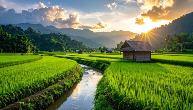 Beautiful summer landscape view of a green grass meadow and rural hills under a cloudy sky featuring a serene lake and distant mountains surrounded by a lush forest - Powered by Adobe
