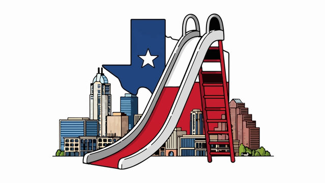 A playful slide descends in front of a city skyline, framed by the shape of a state flag