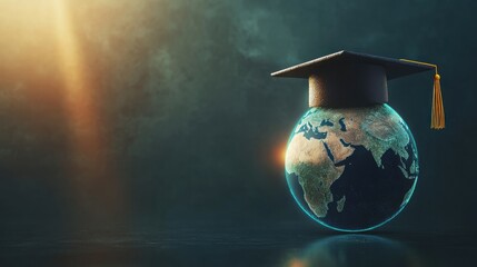Conceptual image depicting a glowing digital earth wearing a traditional graduation cap symbolizing global academic achievement and worldwide scholarly pursuits in dark atmosphere