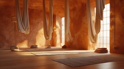 Warm-toned yoga room with textured terracotta walls soft wool rugs and suspended linen drapes golden rim light from