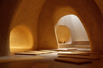 Yoga space with rounded clay alcoves mustard and sand tones fiber mats arranged in radial formation warm candlelight
