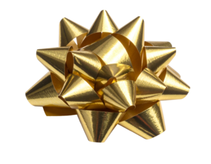 Shiny gold decorative bow with sharp, star-like points, isolated on black