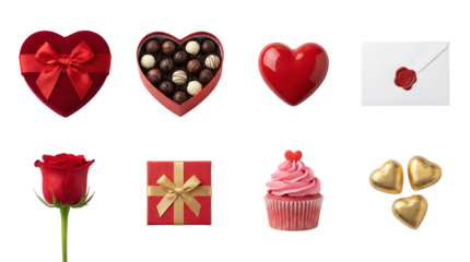 Valentine's day romantic set including heart chocolate box, red rose, cupcake, gift, and wax sealed envelope isolated. Love and anniversary holiday collection.
