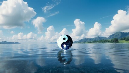 水平線と海と青空に浮く未来を導くガラスの陰陽太極マークのある風景