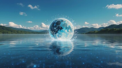 ガラスのような美しい青い地球が馬部海の水面風景