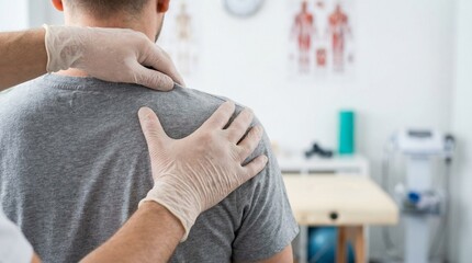 Professional medical close-up photo of a physiotherapist's hands performing manual therapy massage on a patient's shoulder for pain relief and recovery in a clinic.