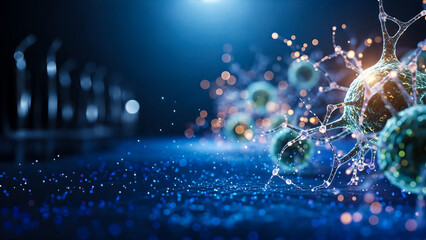 Microscopic view of glowing neural network with interconnected cells and bokeh lights