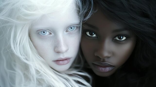 Two women with distinct skin tones and hair colors are posing closely together to highlight their unique beauty and contrasting features