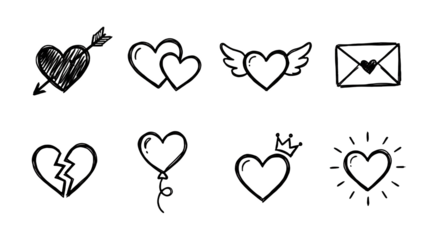Black heart doodle set including pierced, winged, broken, balloon, and crowned variants isolated. Romantic hand drawn sketch collection.