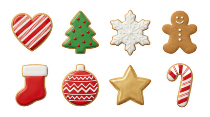 Christmas gingerbread cookie set including heart, tree, snowflake, man, stocking, ornament, star, and cane shapes. Holiday bakery and festive food collection.