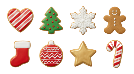 Christmas gingerbread cookie set including heart, tree, snowflake, man, stocking, ornament, star, and cane shapes. Holiday bakery and festive food collection.