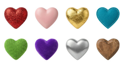 Fototapeta premium Heart shape set including glitter, gold foil, knit, velvet, metal, and wood textures isolated. Decorative symbols for love, romance, and holiday design.