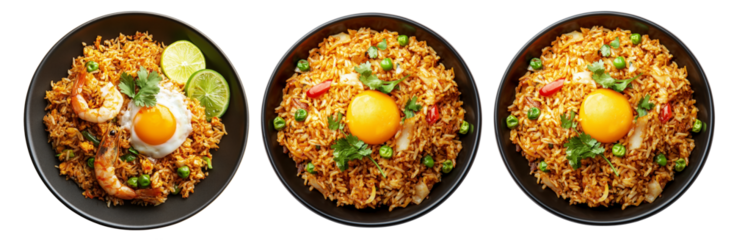 Spicy fried rice Nasi Goreng garnished with fresh green onions and topped with fried egg in bowl, isolated on white