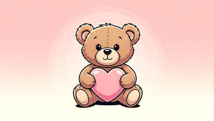 Fototapeta premium Cute cartoon teddy bear holding a red heart next to a gift box with a red ribbon, on a pastel background. 