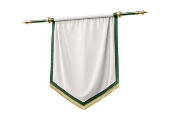 White banner with green border and gold fringe on pole, isolated on a transparent background