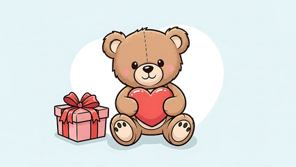 Fototapeta premium A cute brown teddy bear holding a red heart next to a pink gift box with a red ribbon on a light blue background with a subtle white heart shape.
