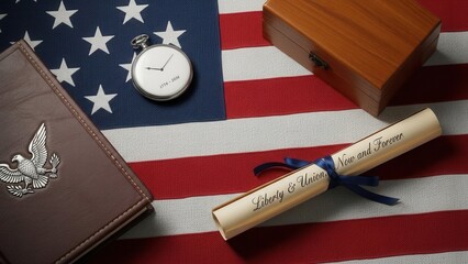 Patriotic still life with American flag, vintage pocket watch, leather book, and scroll for 250 years of Liberty and Union. Concept of time and history for 2026 semiquincentennial event.