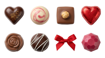Gourmet chocolate truffle set including dark heart, white swirl, hazelnut milk, red foil, and ruby praline variants isolated. Valentine's Day and luxury confectionery collection.