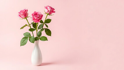 Three vibrant pink roses with green leaves elegantly arranged in a white ceramic vase against a soft pastel pink background, symbolizing beauty and grace.