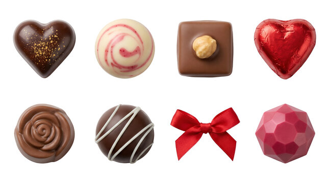 Gourmet chocolate truffle set including dark heart, white swirl, hazelnut milk, red foil, and ruby praline variants isolated. Valentine's Day and luxury confectionery collection.