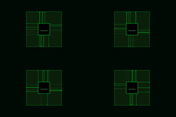 Green Quantum Computing Chip Icon Set. Futuristic Matrix Style Data Processor and Circuit Elements