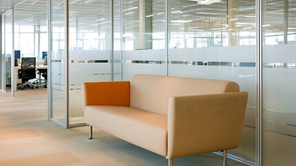 Office Lounge Area with Partly Visible Sofa, Side View and Flat Indoor Light, Plain Business Environment with Empty Wall Space, No People