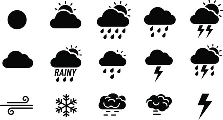 Weather flat icons set. Sun, rain, thunder storm, dew, wind, snow cloud, night sky black minimal vector illustrations. Simple glyph silhouette signs for web, forecast app