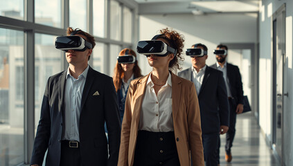 Business team wearing virtual reality headsets walking in modern office hallway.